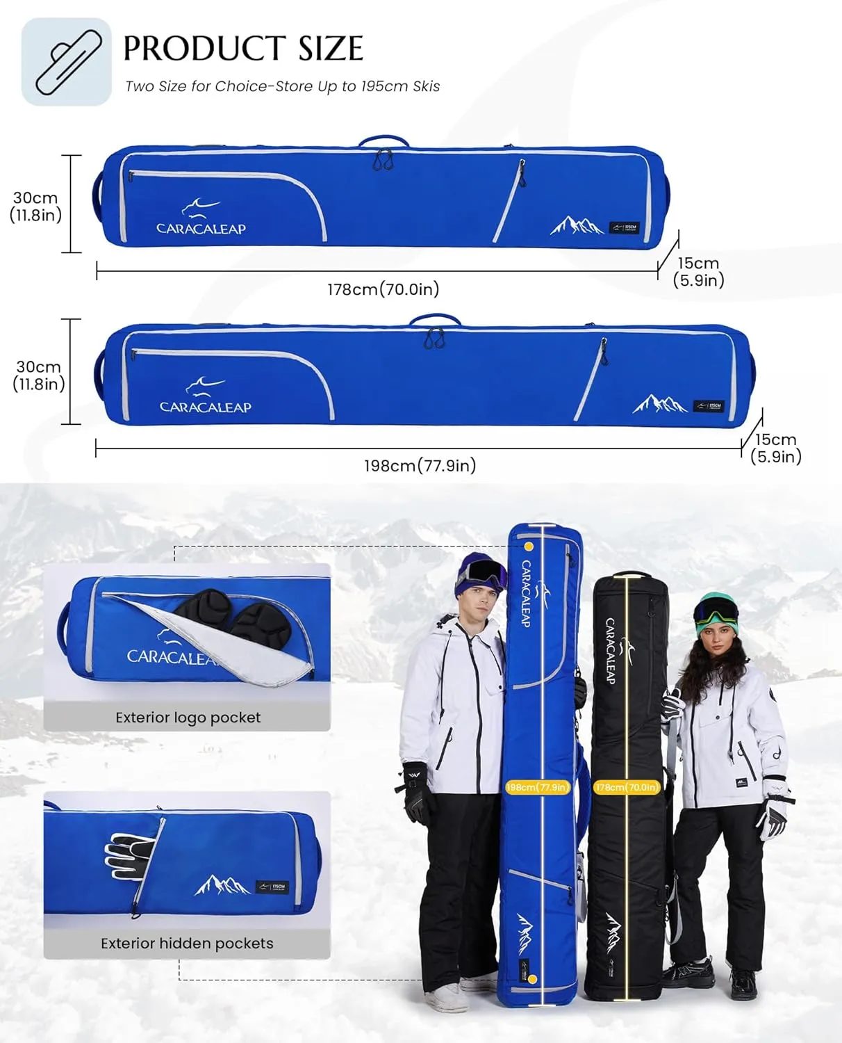 Ski Snowboard Bag Fully Padded for Air Travel 2 pair, Double Snowboard Bag Water-Resistant Padded with 10mm Foam, Snow Ski Travel Bag Large Capacity for Ski Gear,Pole Fit 2 Set Skis Up to 195cm