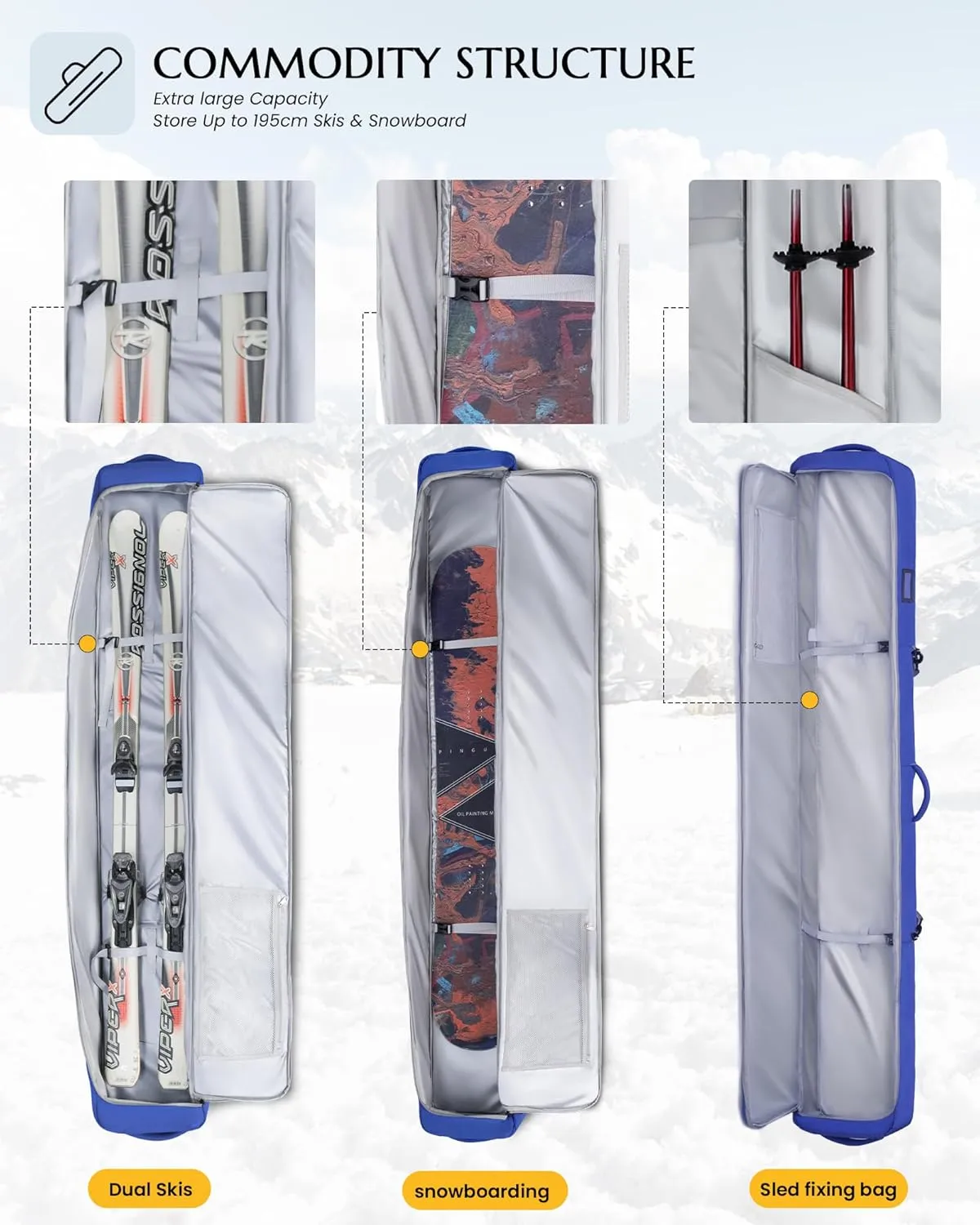 Ski Snowboard Bag Fully Padded for Air Travel 2 pair, Double Snowboard Bag Water-Resistant Padded with 10mm Foam, Snow Ski Travel Bag Large Capacity for Ski Gear,Pole Fit 2 Set Skis Up to 195cm