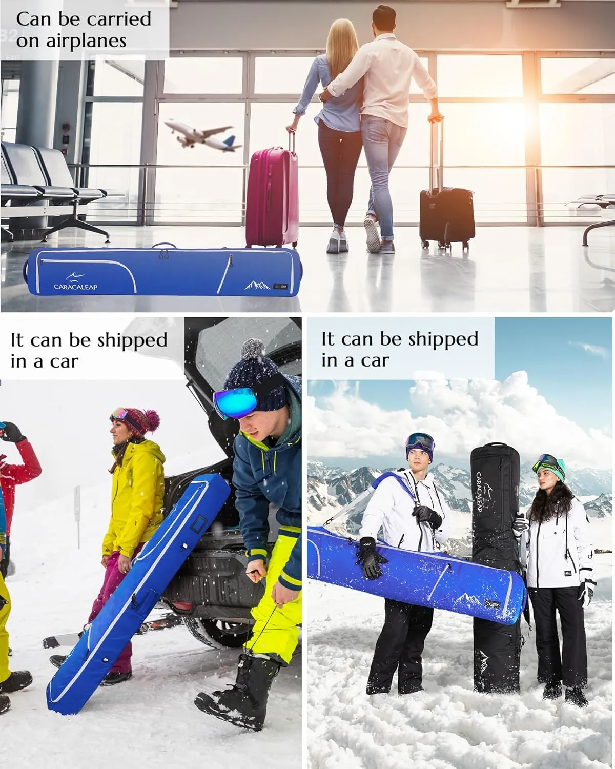 Ski Snowboard Bag Fully Padded for Air Travel 2 pair, Double Snowboard Bag Water-Resistant Padded with 10mm Foam, Snow Ski Travel Bag Large Capacity for Ski Gear,Pole Fit 2 Set Skis Up to 195cm