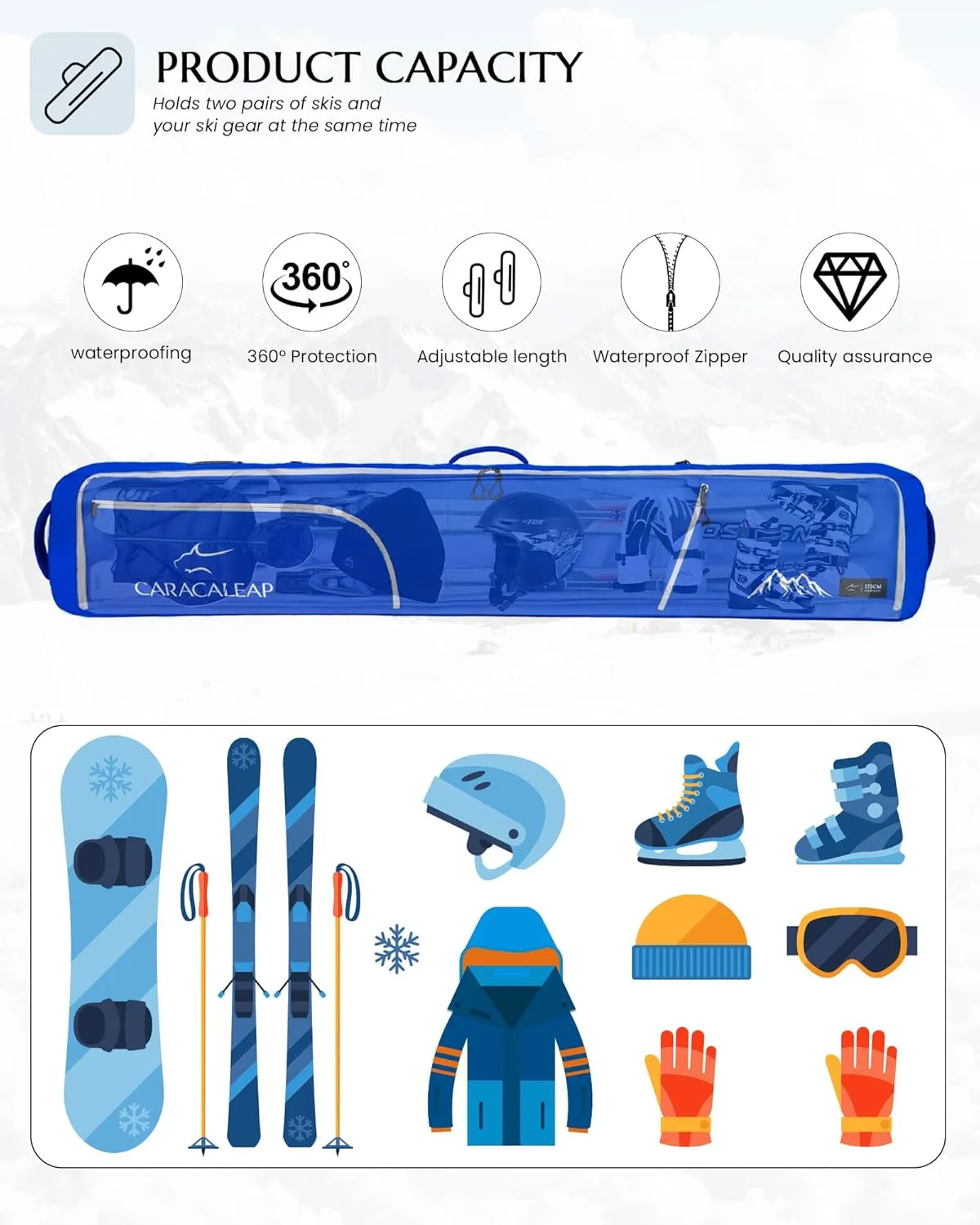 Ski Snowboard Bag Fully Padded for Air Travel 2 pair, Double Snowboard Bag Water-Resistant Padded with 10mm Foam, Snow Ski Travel Bag Large Capacity for Ski Gear,Pole Fit 2 Set Skis Up to 195cm