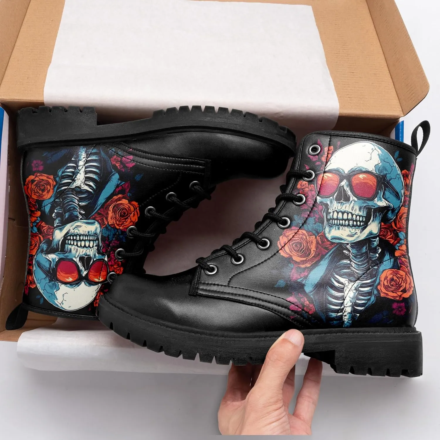 Skull Boots For Men Fashion Lace-Up Combat Boots For Women Punk Rock leather Ankle Booties Witchy Goth Shoes