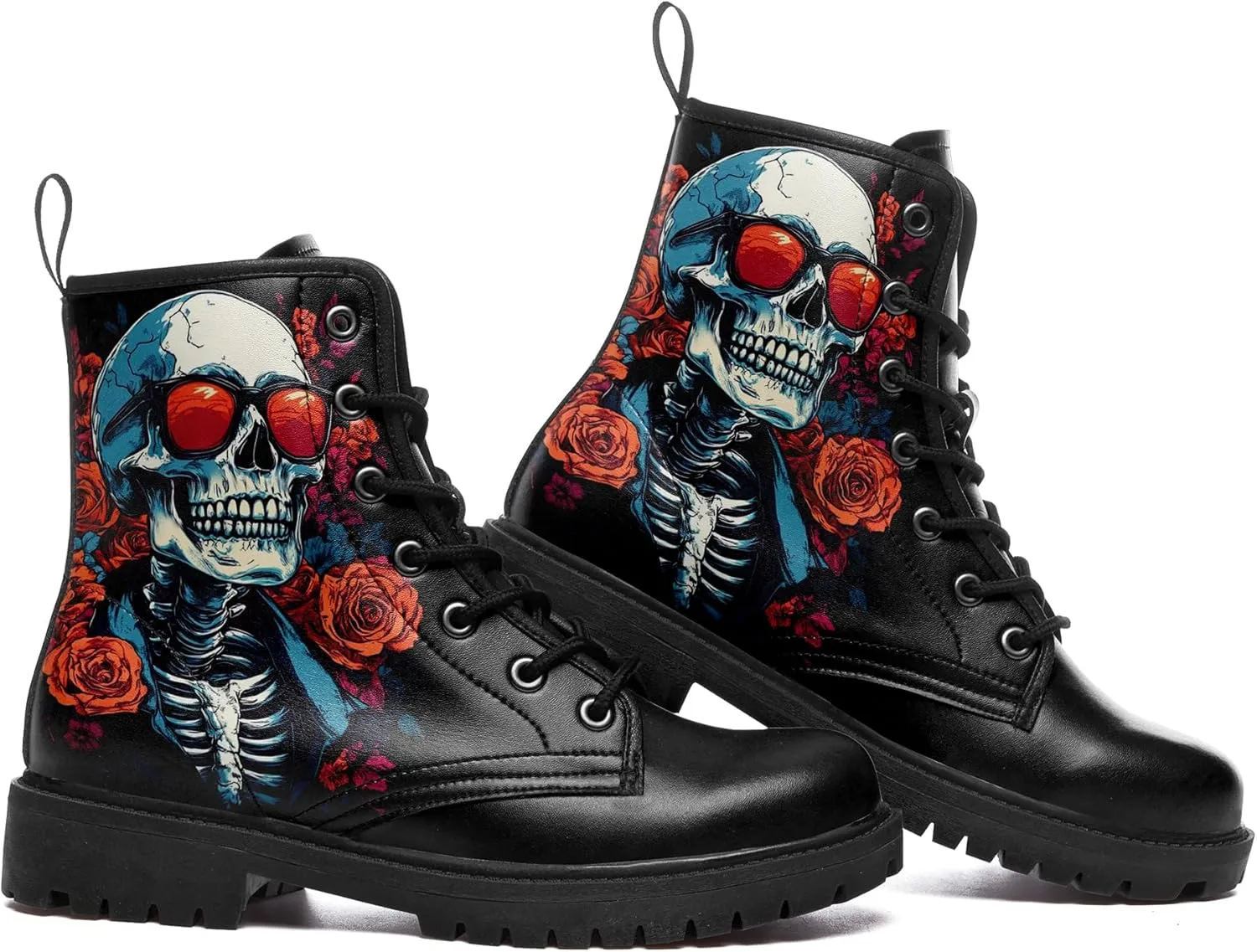 Skull Boots For Men Fashion Lace-Up Combat Boots For Women Punk Rock leather Ankle Booties Witchy Goth Shoes