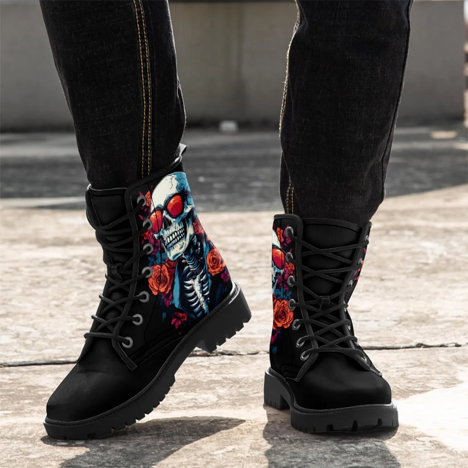 Skull Boots For Men Fashion Lace-Up Combat Boots For Women Punk Rock leather Ankle Booties Witchy Goth Shoes