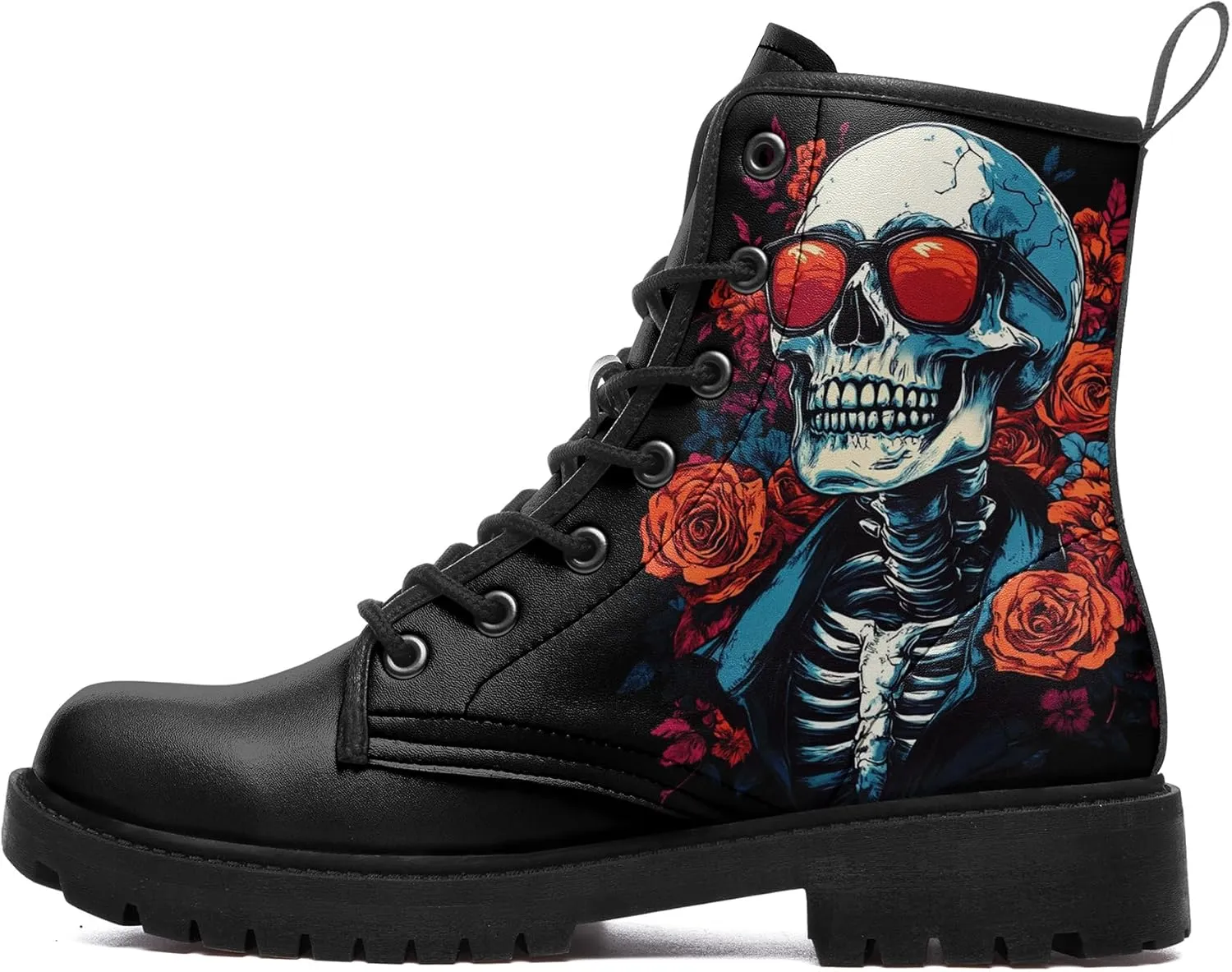 Skull Boots For Men Fashion Lace-Up Combat Boots For Women Punk Rock leather Ankle Booties Witchy Goth Shoes