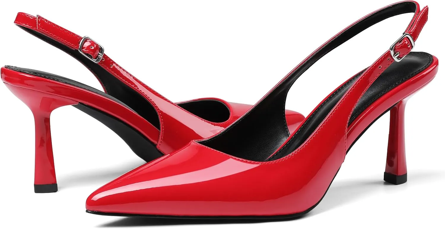Slingback Heels for Women Closed Pointed Toe Kitten Stiletto Heels with Buckle Comfortable Womens Pumps Casual Dress Shoes