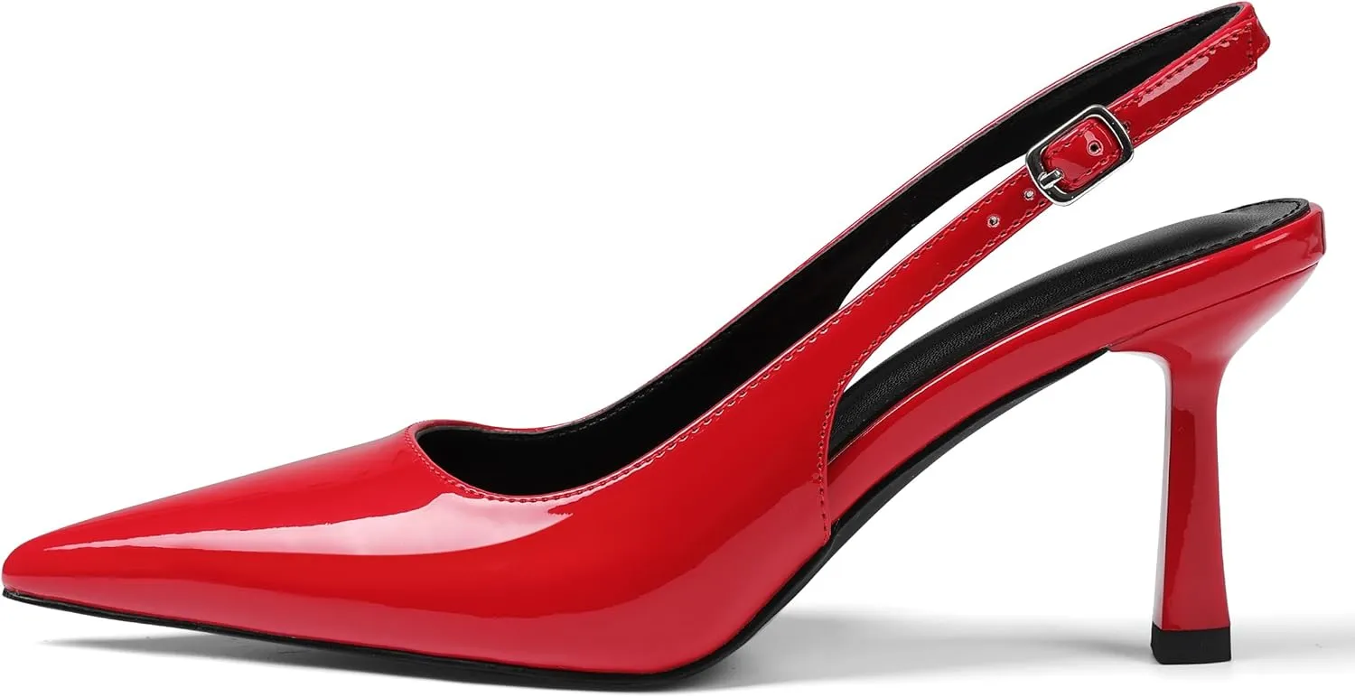 Slingback Heels for Women Closed Pointed Toe Kitten Stiletto Heels with Buckle Comfortable Womens Pumps Casual Dress Shoes