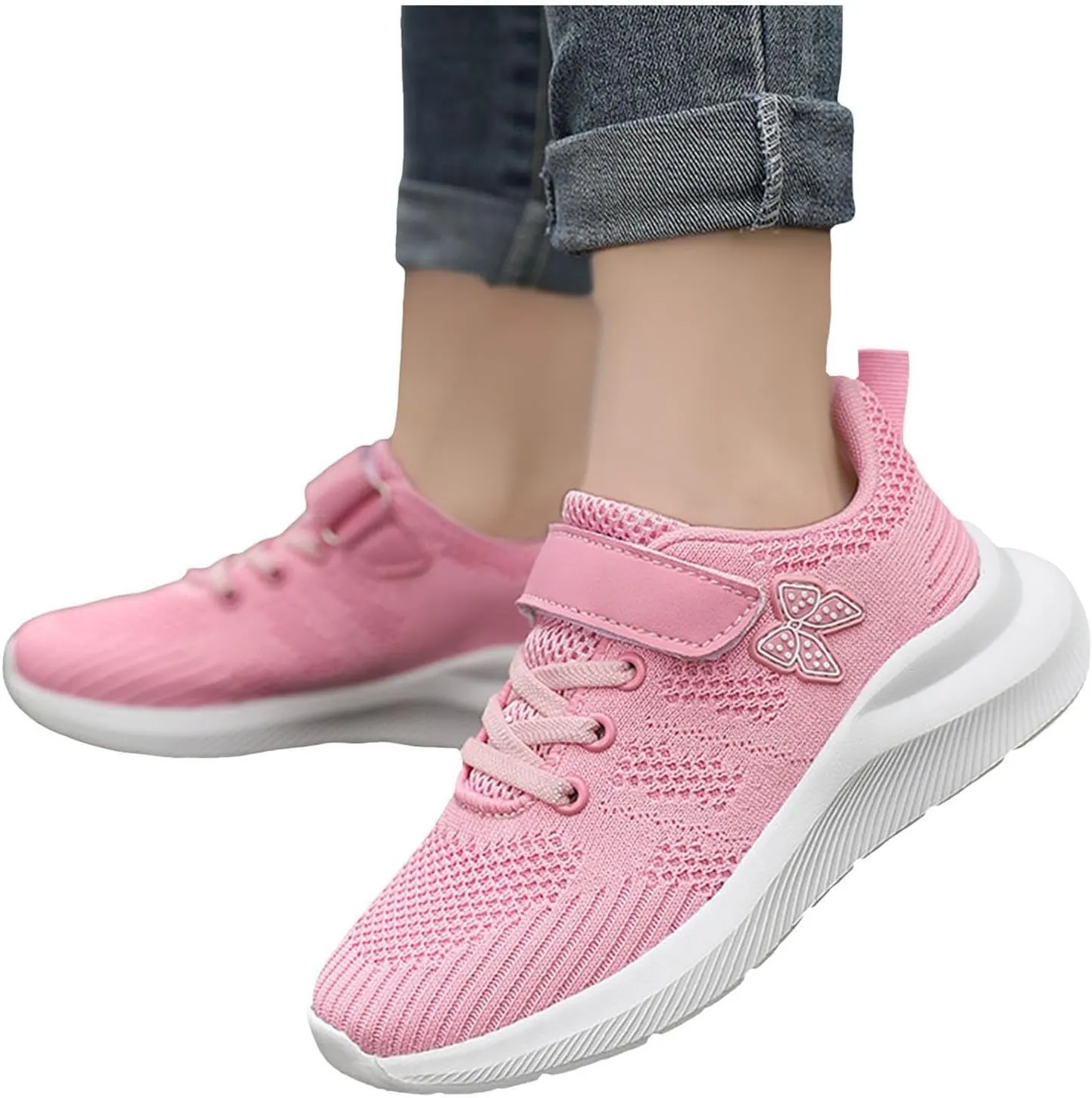 Sneakers for Girls Breathable Knit Mesh Running Shoes with Hook and Loop Kids Sports Lightweight Casual Walking Sneakers