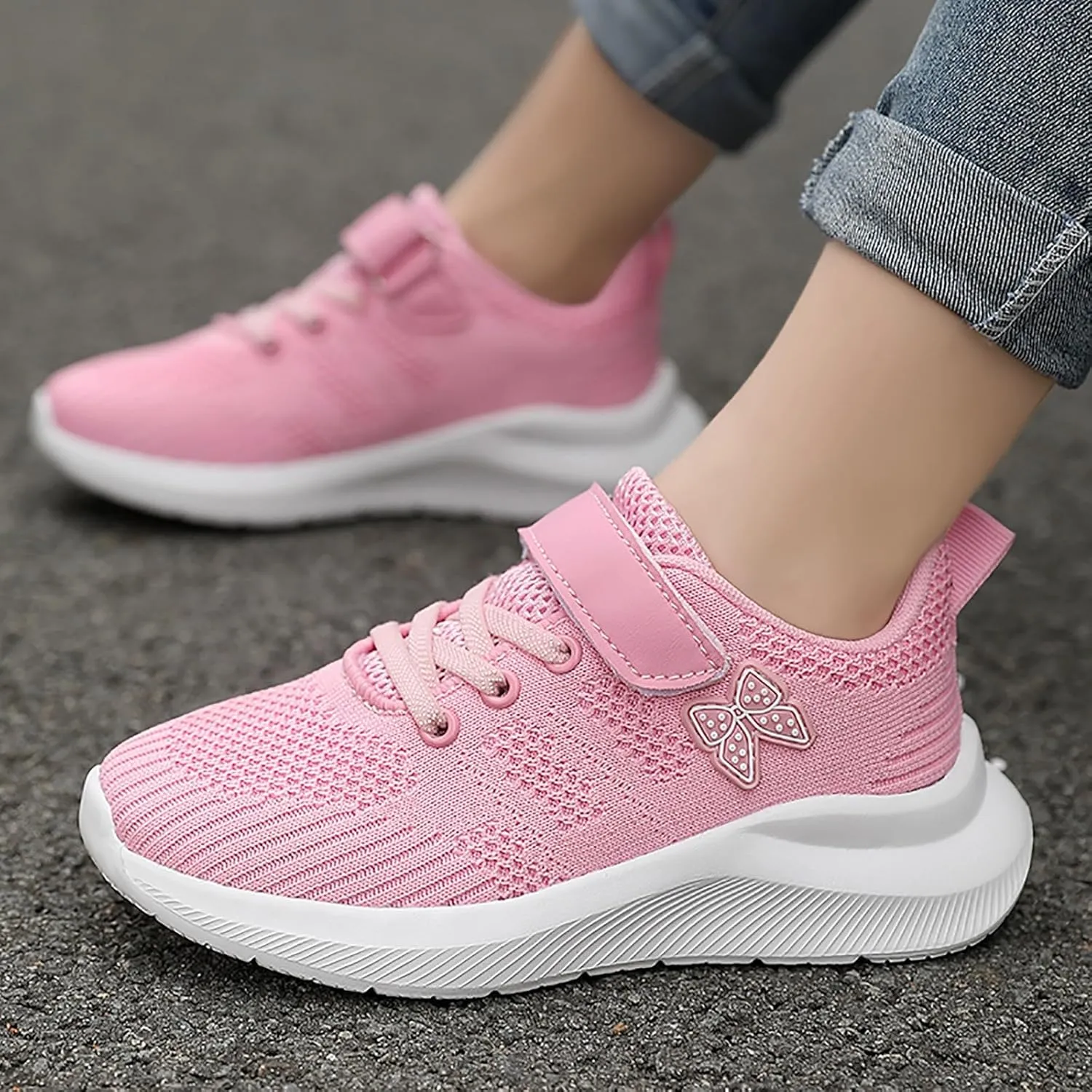 Sneakers for Girls Breathable Knit Mesh Running Shoes with Hook and Loop Kids Sports Lightweight Casual Walking Sneakers