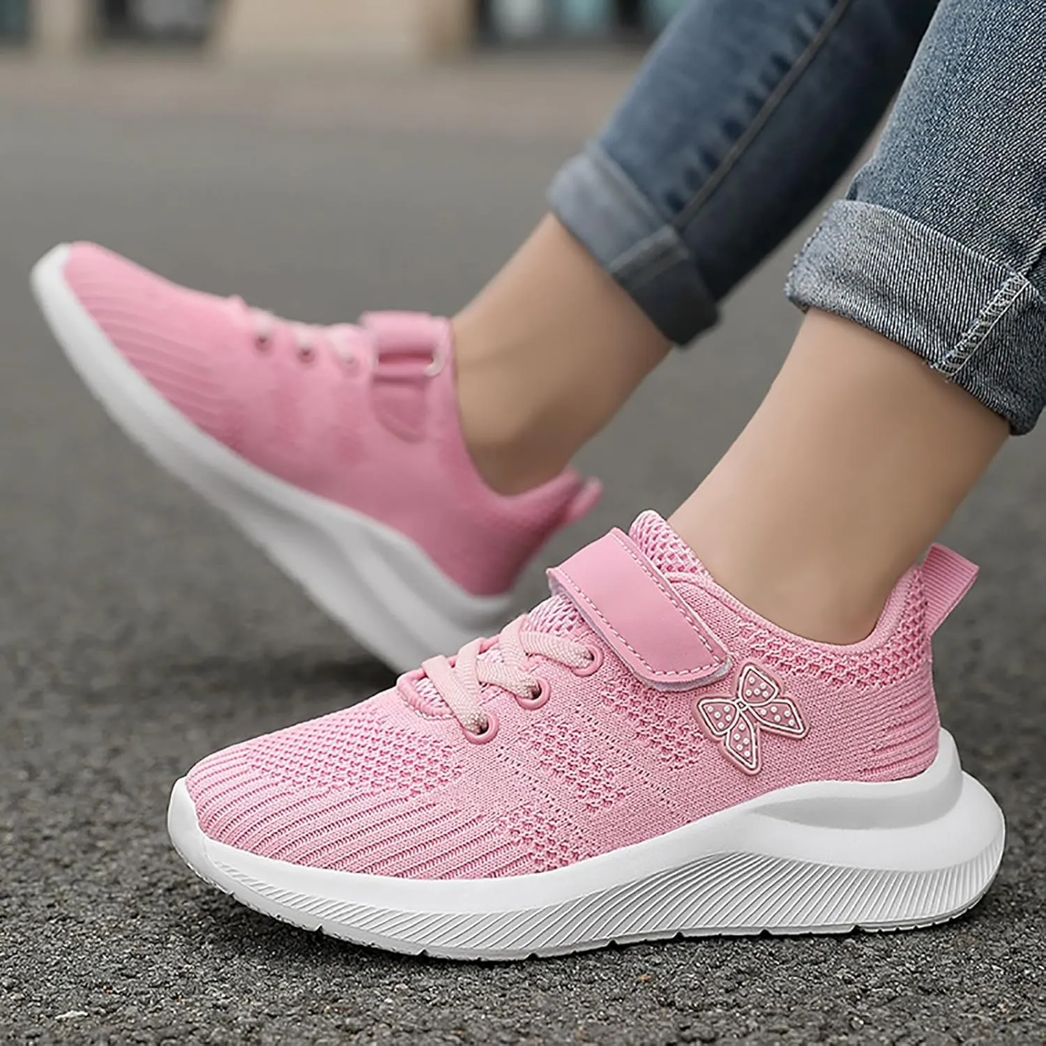Sneakers for Girls Breathable Knit Mesh Running Shoes with Hook and Loop Kids Sports Lightweight Casual Walking Sneakers