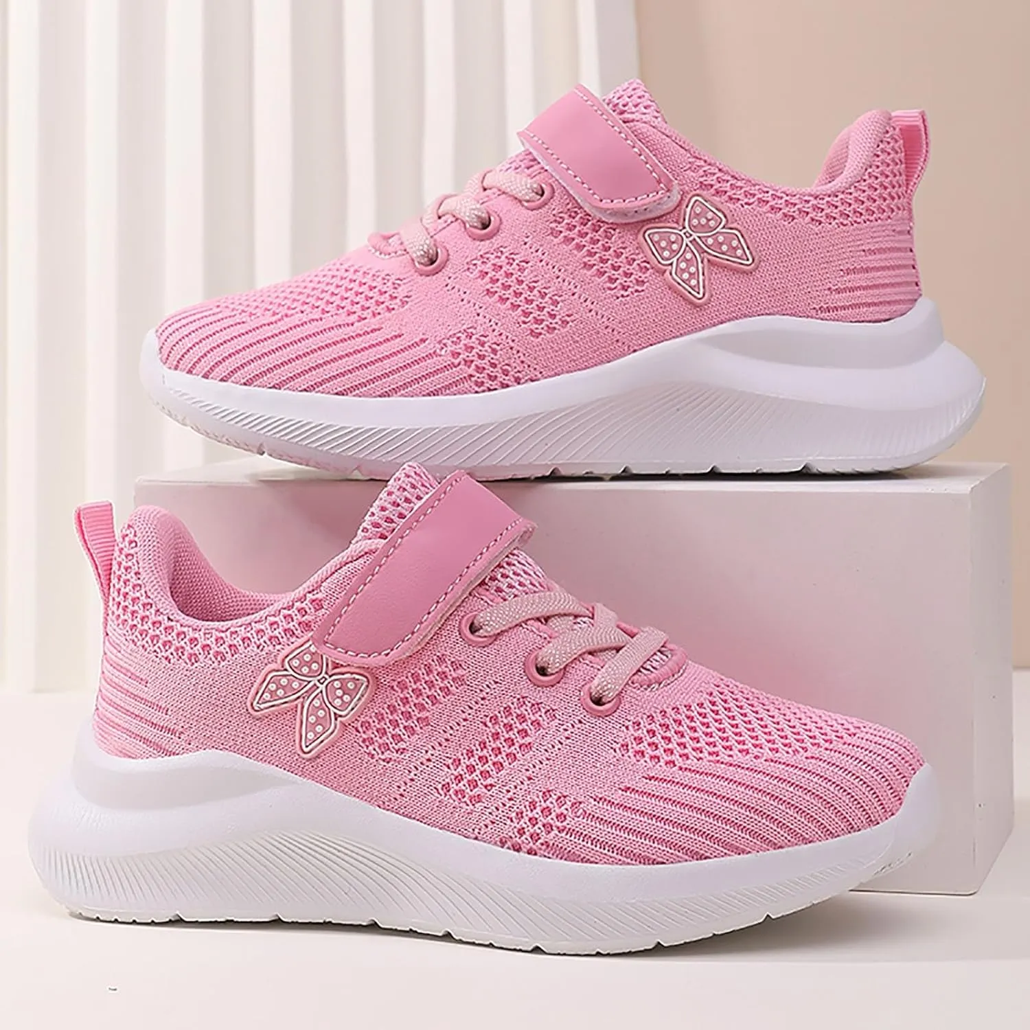 Sneakers for Girls Breathable Knit Mesh Running Shoes with Hook and Loop Kids Sports Lightweight Casual Walking Sneakers