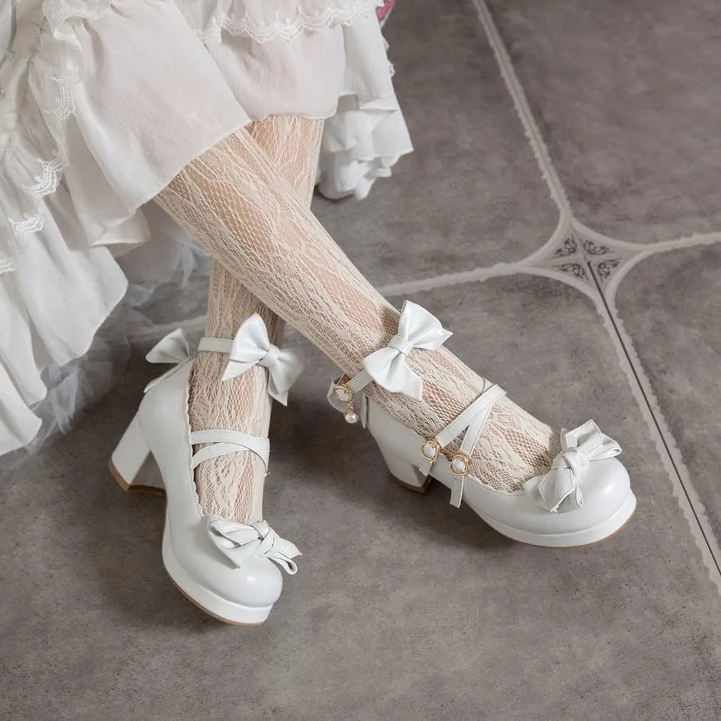 SO SIMPOK Women Sweet Bow Lolita Shoes Platform Mary Janes Chunky Heel Lace Cosplay Cute Strappy Comfort Princess Dress Shoes