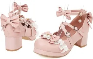 SO SIMPOK Women Sweet Bow Lolita Shoes Platform Mary Janes Chunky Heel Lace Cosplay Cute Strappy Comfort Princess Dress Shoes