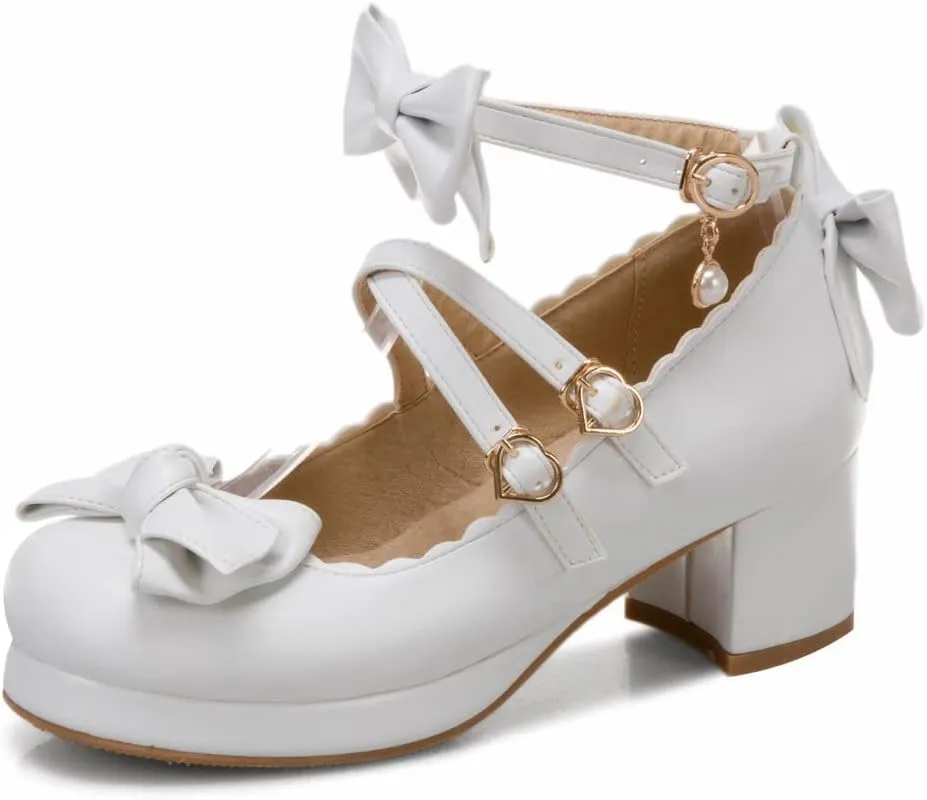 SO SIMPOK Women Sweet Bow Lolita Shoes Platform Mary Janes Chunky Heel Lace Cosplay Cute Strappy Comfort Princess Dress Shoes