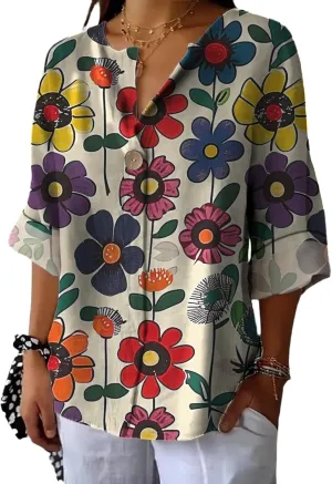 Spring Blouses for Women Dressy Button V Neck Shirts Casual Long Sleeve Summer Tops Trendy Floral Print Beach Outfits