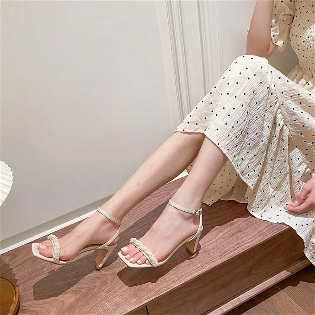 Square Head Pearl One Word with High Heels Summer with Skirt Fairy Wind Sandals Women (Color : White, Size : 9)