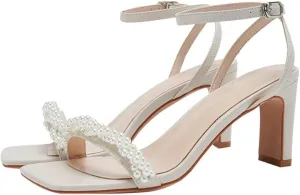 Square Head Pearl One Word with High Heels Summer with Skirt Fairy Wind Sandals Women (Color : White, Size : 9)