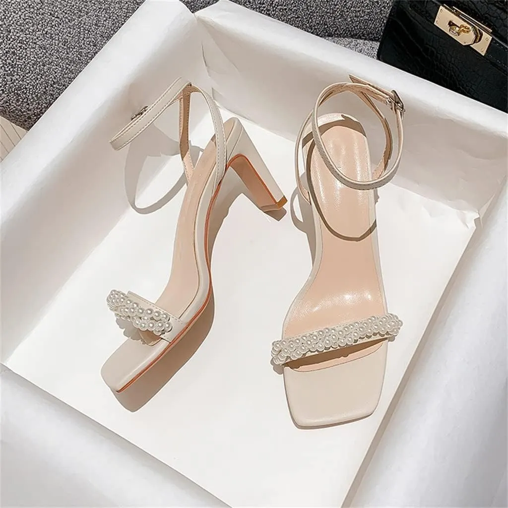 Square Head Pearl One Word with High Heels Summer with Skirt Fairy Wind Sandals Women (Color : White, Size : 9)