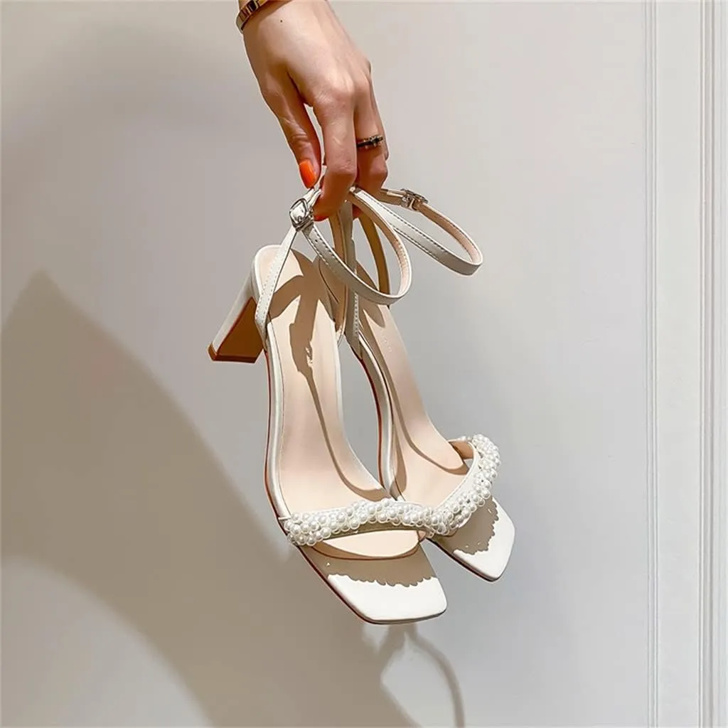 Square Head Pearl One Word with High Heels Summer with Skirt Fairy Wind Sandals Women (Color : White, Size : 9)