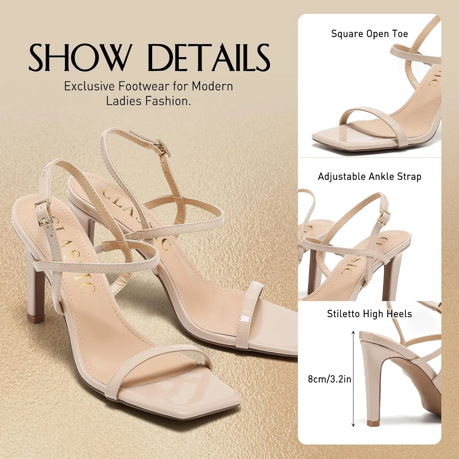 Stilettos High Heel Sandals For Women, Square Open Toe Slingback Pumps, Adjustable Strappy Wedding Dressy Heeled, Ankle Strap Party Sexy Bridal Shoes
