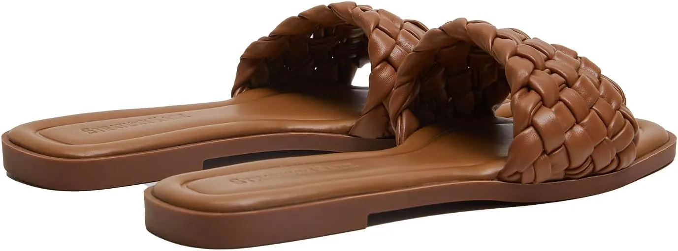 Stratuxx Kaze Women's Braided Strap Sandals Square Open Toe Slide Sandals Slip on Dressy Summer Beach Flats Size 5-11