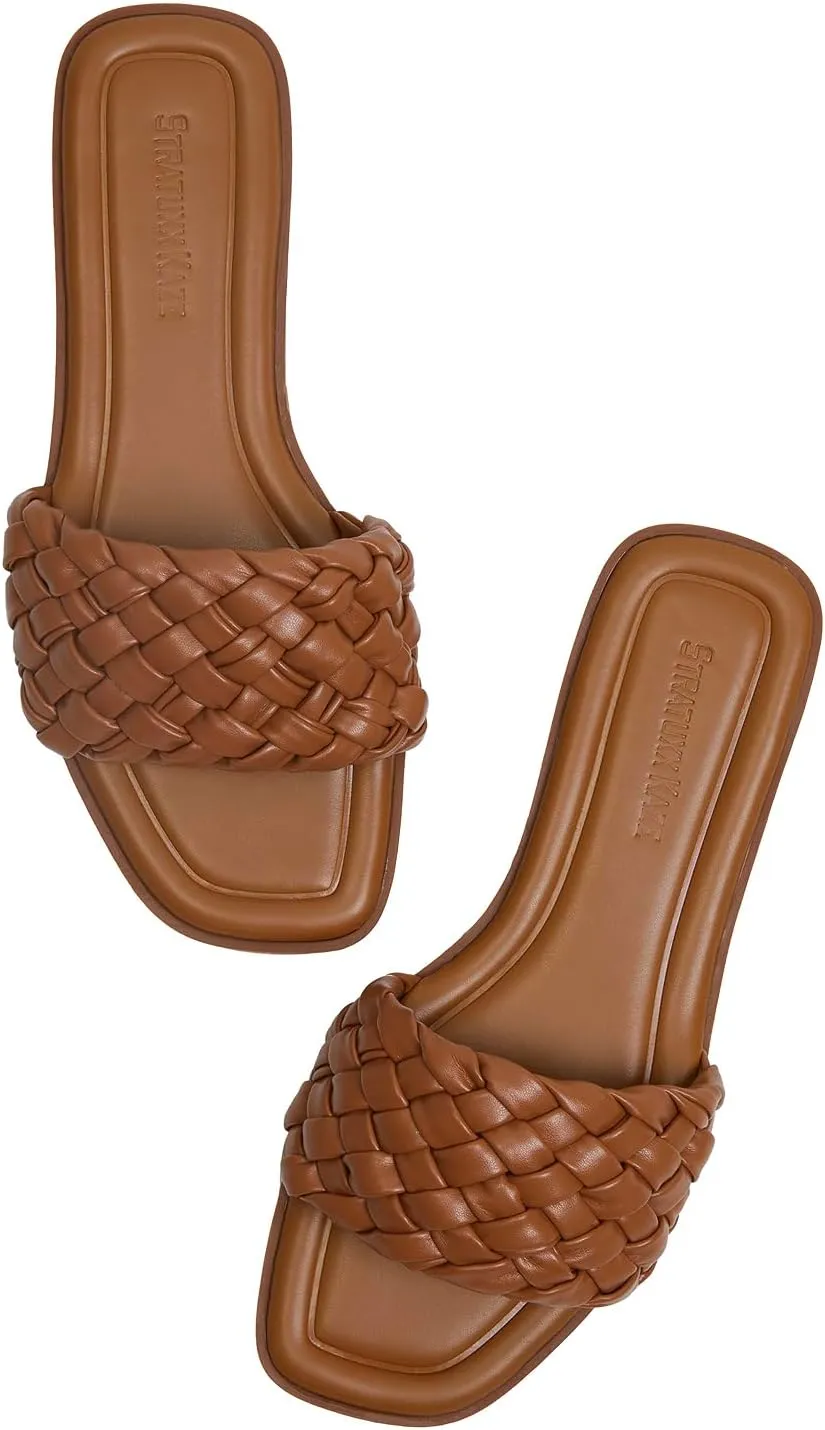 Stratuxx Kaze Women's Braided Strap Sandals Square Open Toe Slide Sandals Slip on Dressy Summer Beach Flats Size 5-11