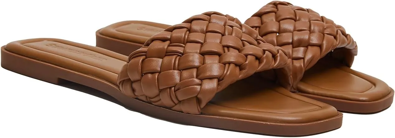 Stratuxx Kaze Women's Braided Strap Sandals Square Open Toe Slide Sandals Slip on Dressy Summer Beach Flats Size 5-11