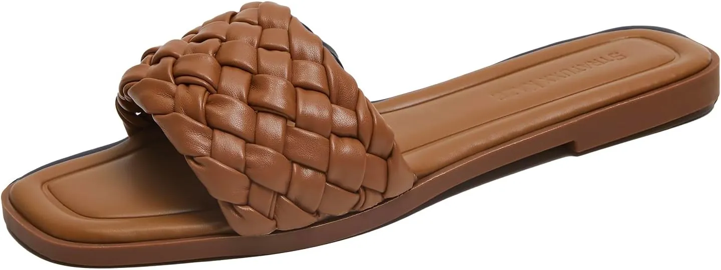 Stratuxx Kaze Women's Braided Strap Sandals Square Open Toe Slide Sandals Slip on Dressy Summer Beach Flats Size 5-11