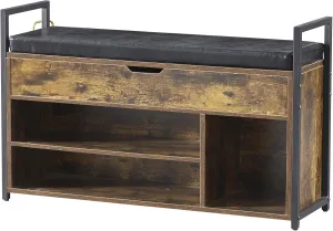 Stylish and Functional Shoe Storage Bench with Comfortable Cushion, Lift-Top Storage Box, and Dual-Tier Shoe Rack in Rustic Brown