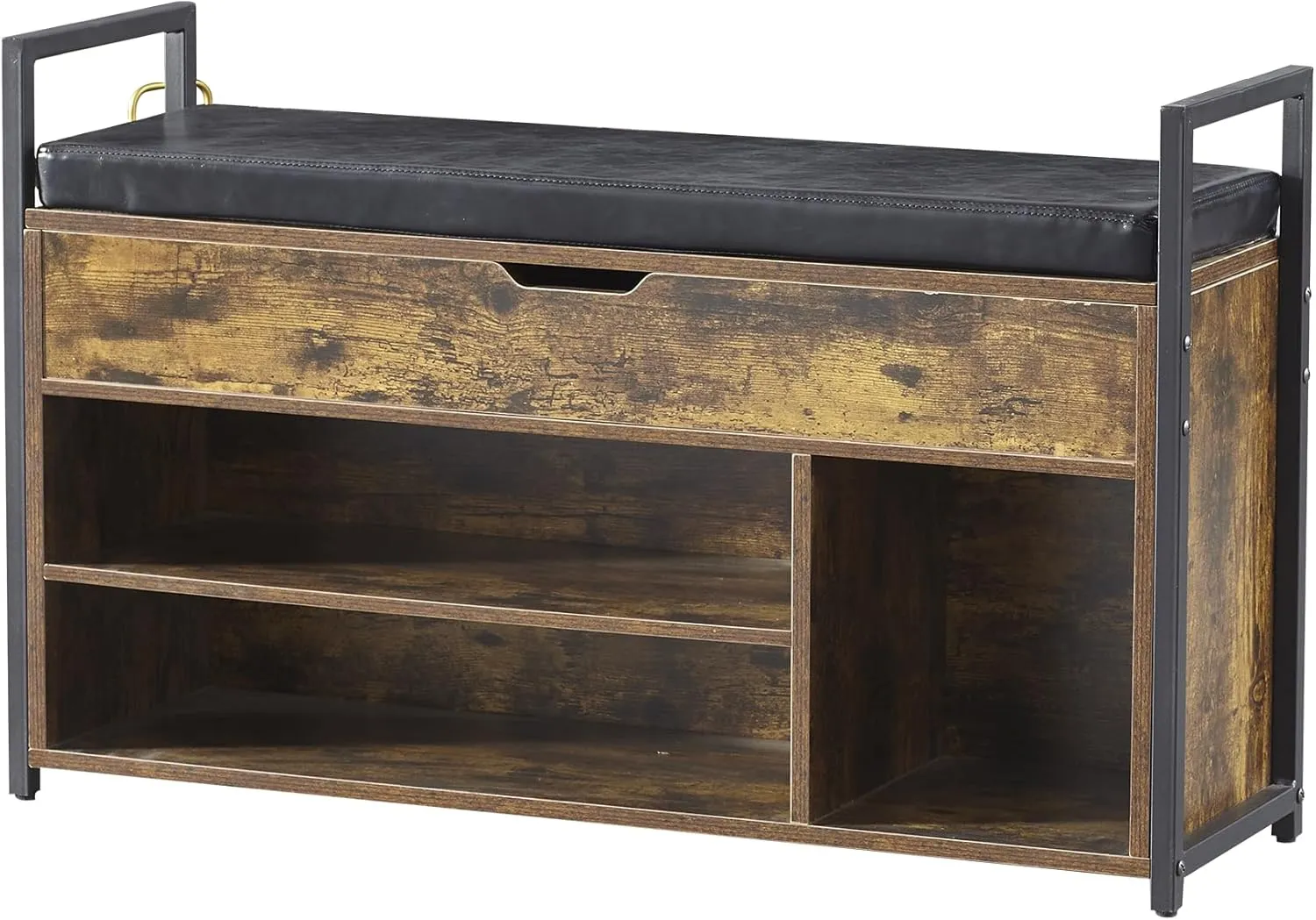 Stylish and Functional Shoe Storage Bench with Comfortable Cushion, Lift-Top Storage Box, and Dual-Tier Shoe Rack in Rustic Brown