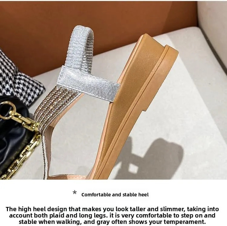 Summer new Roman thick-soled slope heel rhinestone bosimi women's sandals student casual lightweight beach sandals women,Wear-resistant and lightweight, skin-friendly