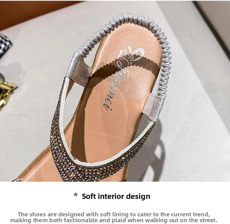 Summer new Roman thick-soled slope heel rhinestone bosimi women's sandals student casual lightweight beach sandals women,Wear-resistant and lightweight, skin-friendly