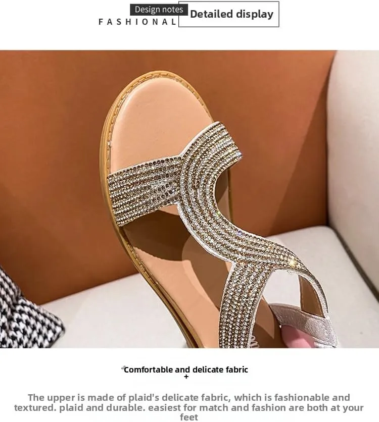 Summer new Roman thick-soled slope heel rhinestone bosimi women's sandals student casual lightweight beach sandals women,Wear-resistant and lightweight, skin-friendly
