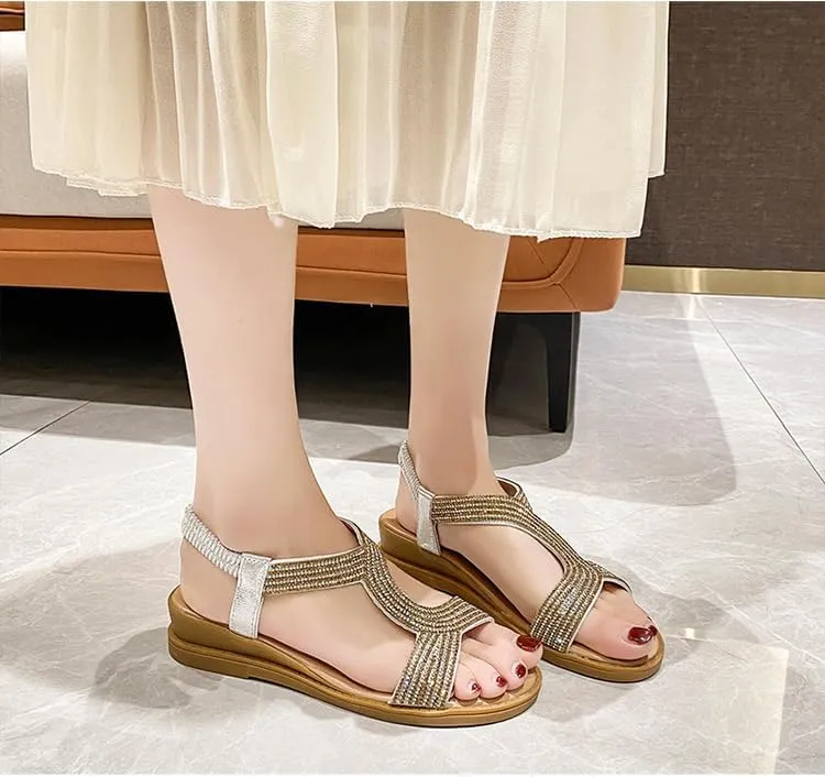 Summer new Roman thick-soled slope heel rhinestone bosimi women's sandals student casual lightweight beach sandals women,Wear-resistant and lightweight, skin-friendly