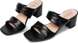 Summer Sandals for Women - 2 Inch Heeled, Chunky, Block Heel, Open Toe, Soft Straps, Comfortable, Casual, Walking Sandals - Black, Size 6