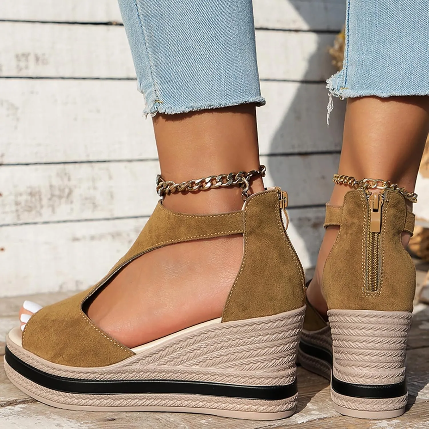 Summer Sandals For Women 2025,Women's Orthopedic High Heels Wedge Platform Wedges Womens Dress Sexy Open Toe Back Zipper Fish Mouth Shoes Closure Casual Suede Leather Beach Boho Sandal