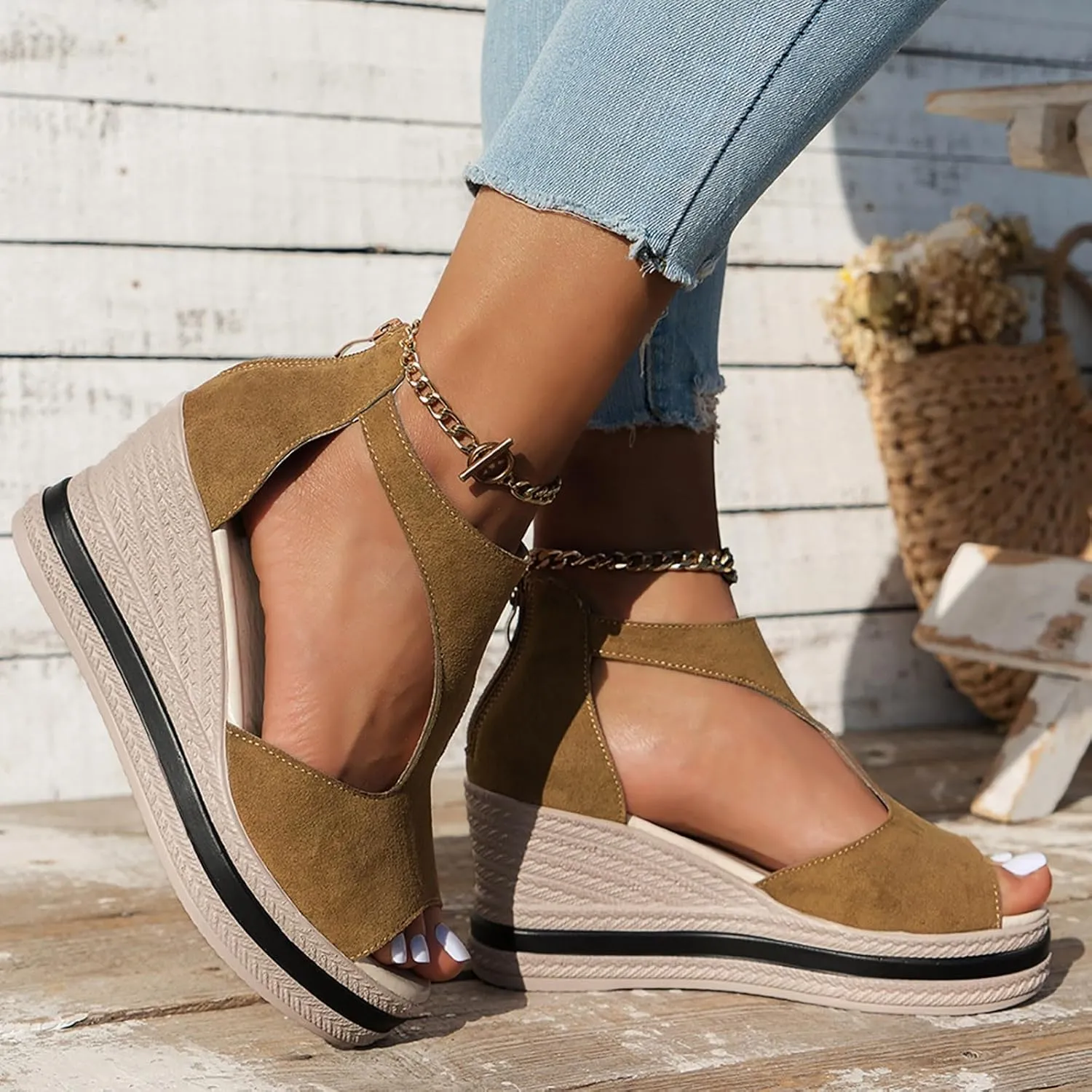 Summer Sandals For Women 2025,Women's Orthopedic High Heels Wedge Platform Wedges Womens Dress Sexy Open Toe Back Zipper Fish Mouth Shoes Closure Casual Suede Leather Beach Boho Sandal