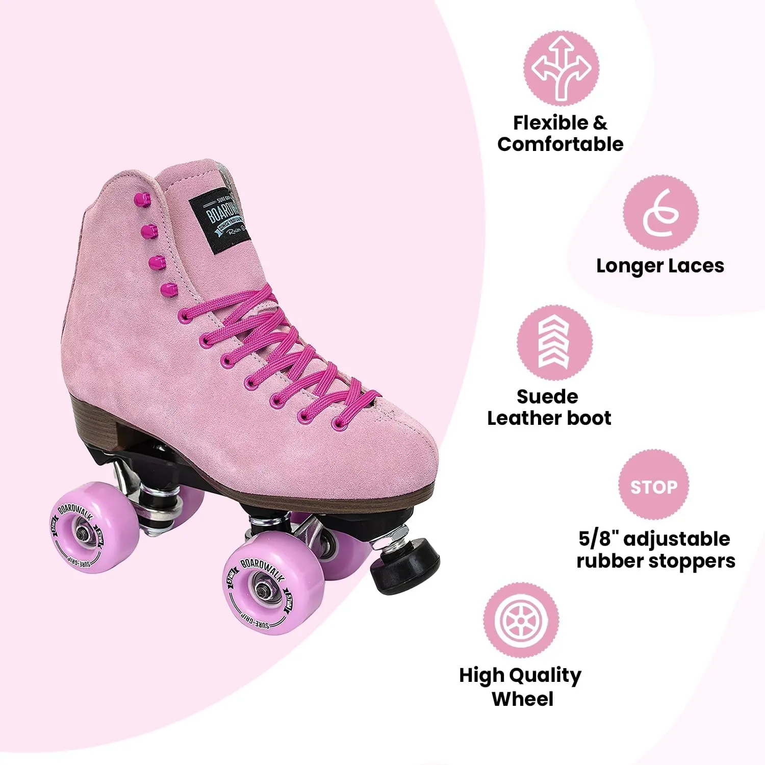 Sure-Grip Boardwalk Unisex Outdoor Roller Skates - Retro Boots with Suede Leather & Rubber - ABEC 3 Bearings & Aluminum Trucks - Boardwalk 82A Outdoor Wheels