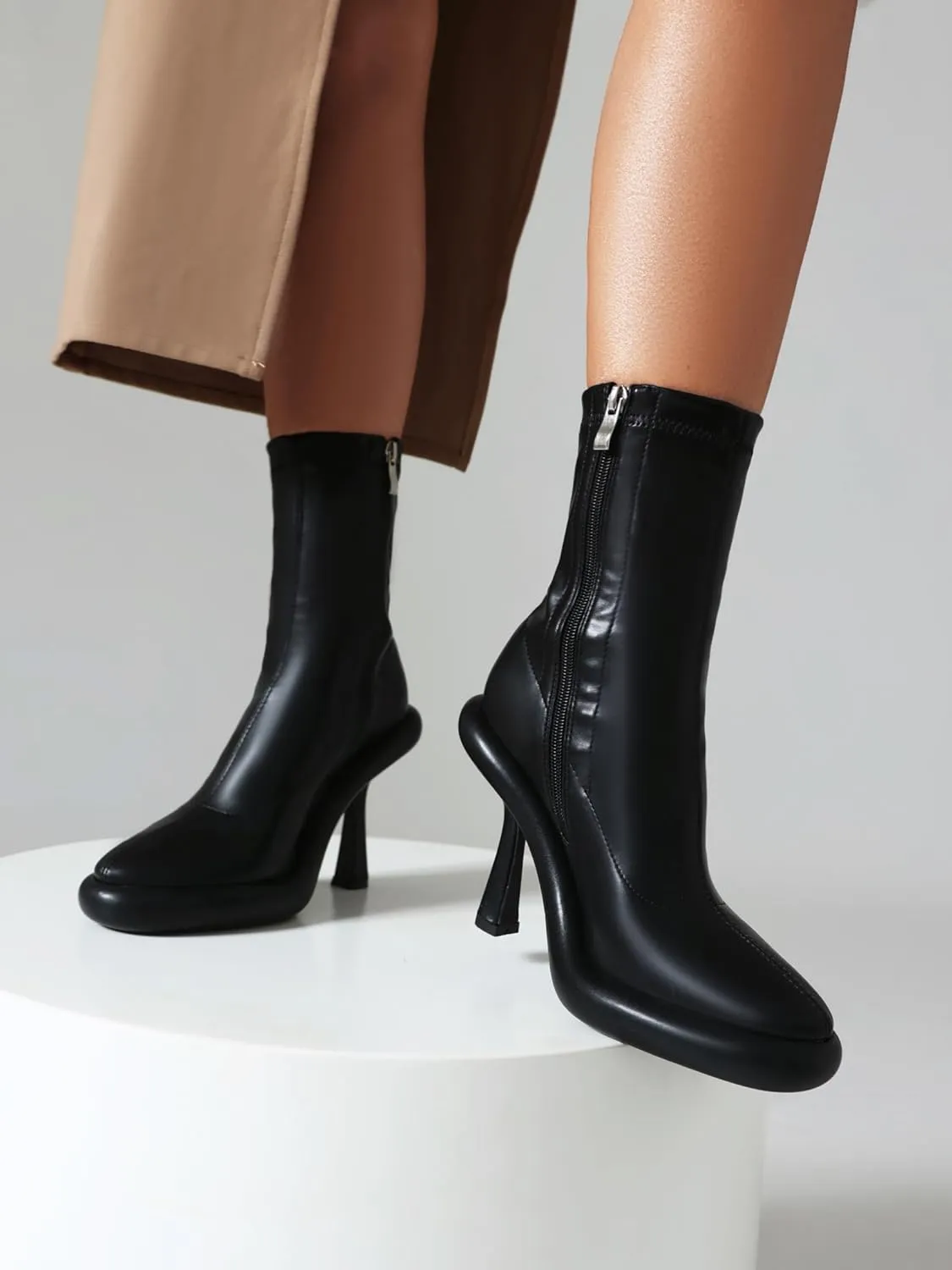 TAEPUSR Women's Platform Boots Stiletto High Heel Mid Calf Boots Elastic Round Toe Ankle Boots with Side Zipper Fashion Party Dress Stretch Boots for Women
