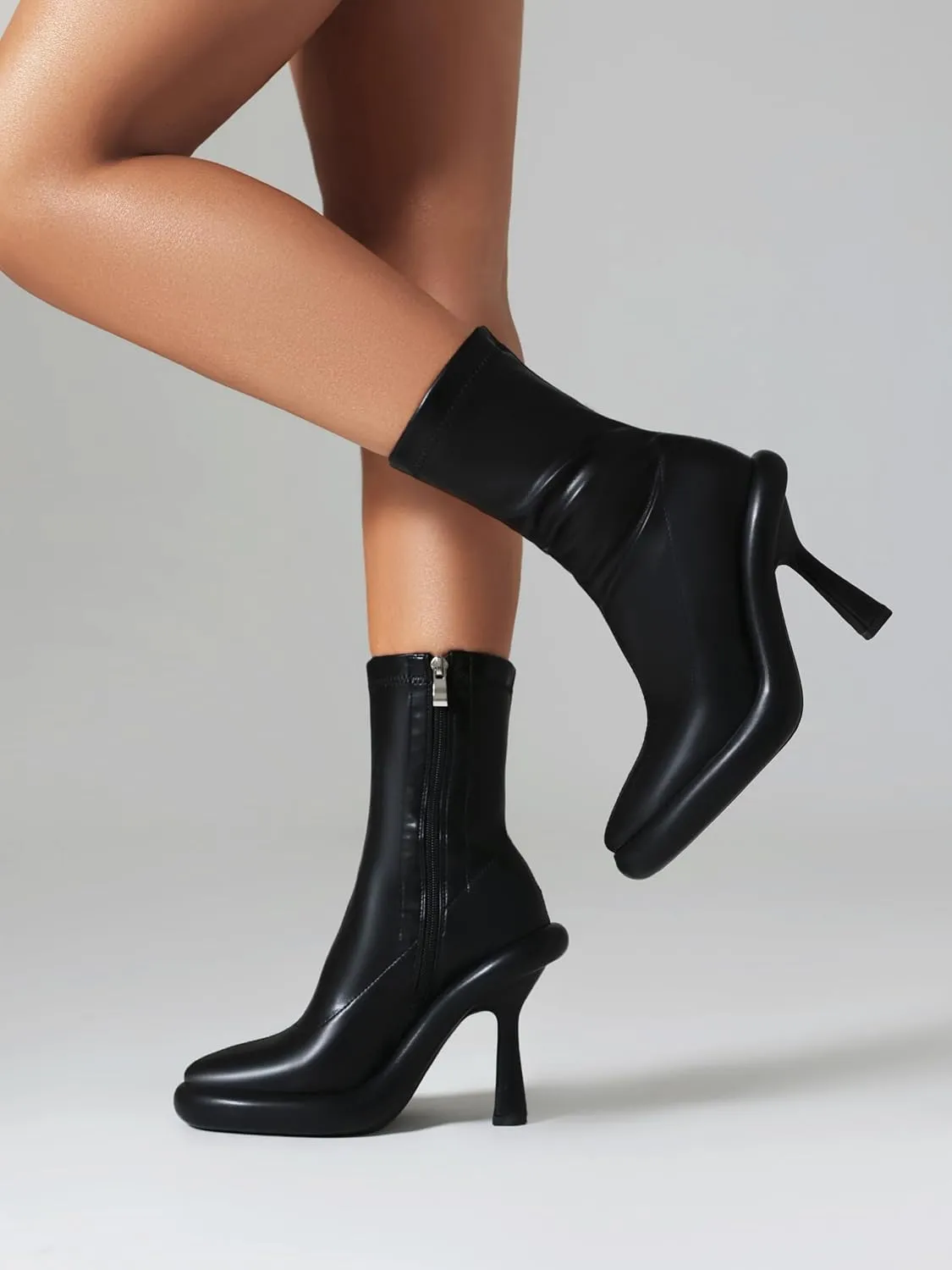 TAEPUSR Women's Platform Boots Stiletto High Heel Mid Calf Boots Elastic Round Toe Ankle Boots with Side Zipper Fashion Party Dress Stretch Boots for Women
