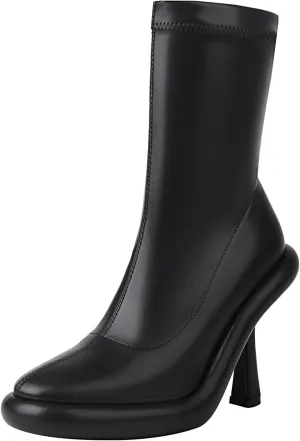 TAEPUSR Women's Platform Boots Stiletto High Heel Mid Calf Boots Elastic Round Toe Ankle Boots with Side Zipper Fashion Party Dress Stretch Boots for Women