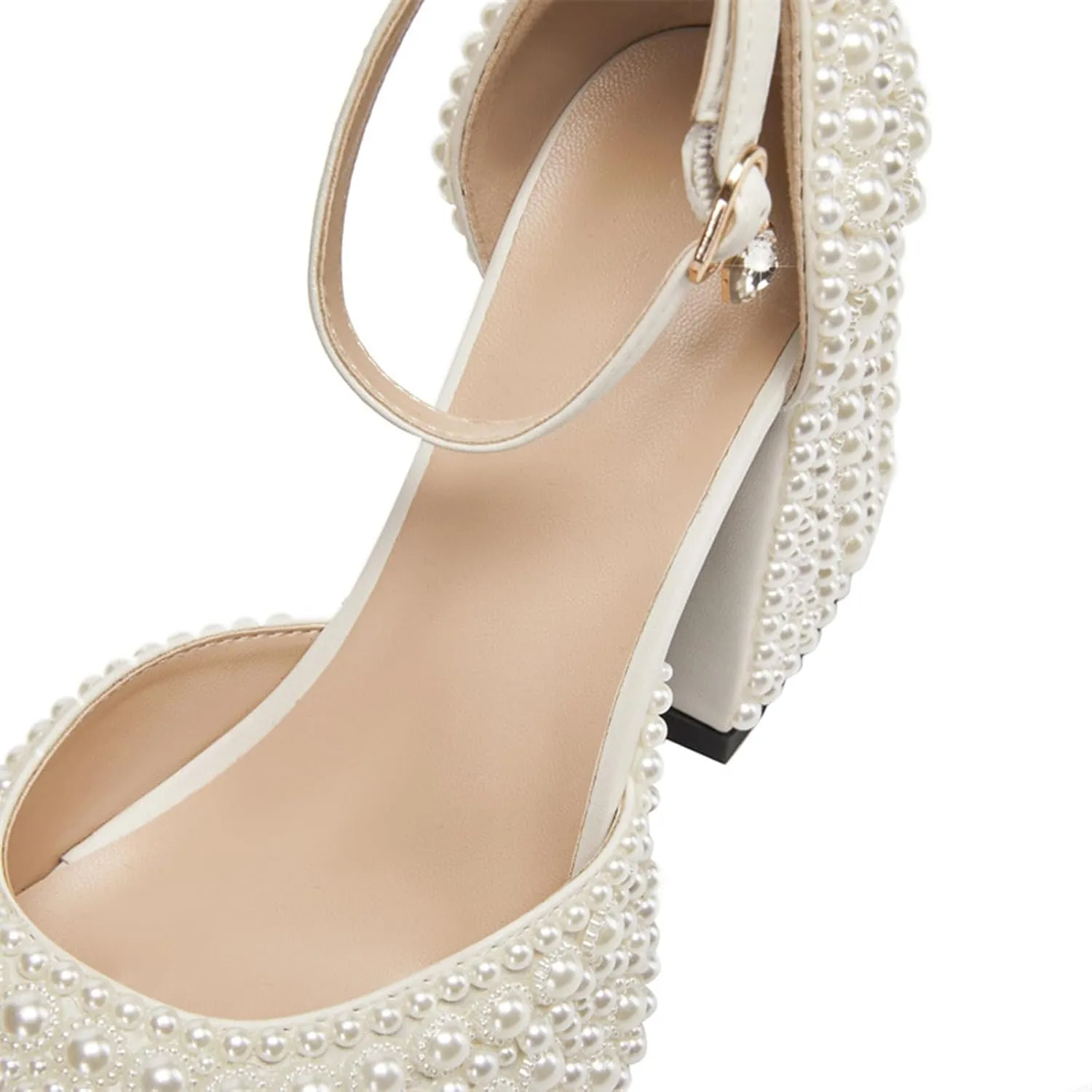 THESHY Women's Platform Sandals Pearls Open Toe Ankle Strap High Heels Rhinestone Chunky Heel Platform Heels Wedding Dress Fahsion Shoes for Women