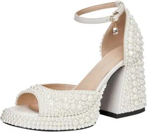 THESHY Women's Platform Sandals Pearls Open Toe Ankle Strap High Heels Rhinestone Chunky Heel Platform Heels Wedding Dress Fahsion Shoes for Women