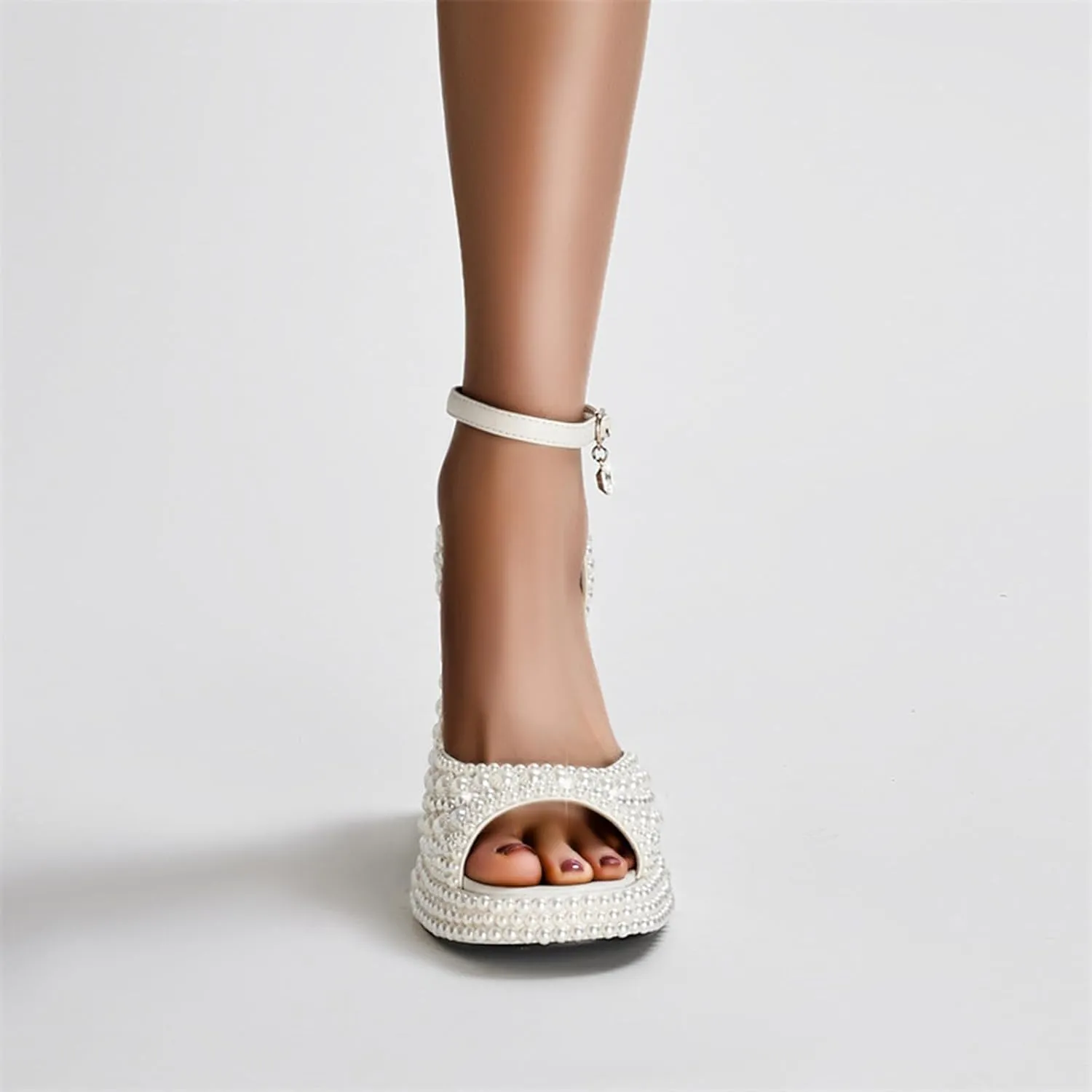 THESHY Women's Platform Sandals Pearls Open Toe Ankle Strap High Heels Rhinestone Chunky Heel Platform Heels Wedding Dress Fahsion Shoes for Women