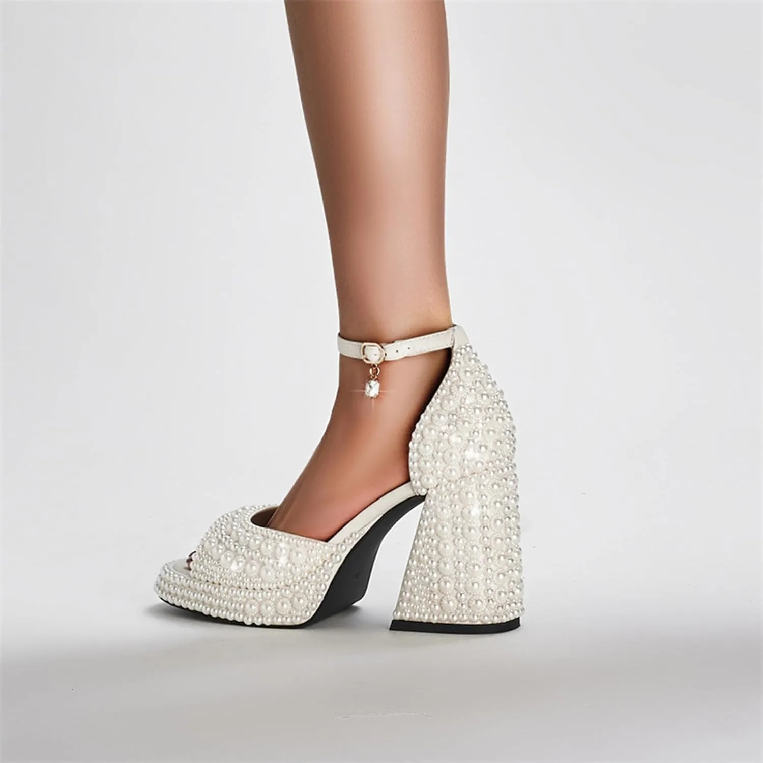 THESHY Women's Platform Sandals Pearls Open Toe Ankle Strap High Heels Rhinestone Chunky Heel Platform Heels Wedding Dress Fahsion Shoes for Women