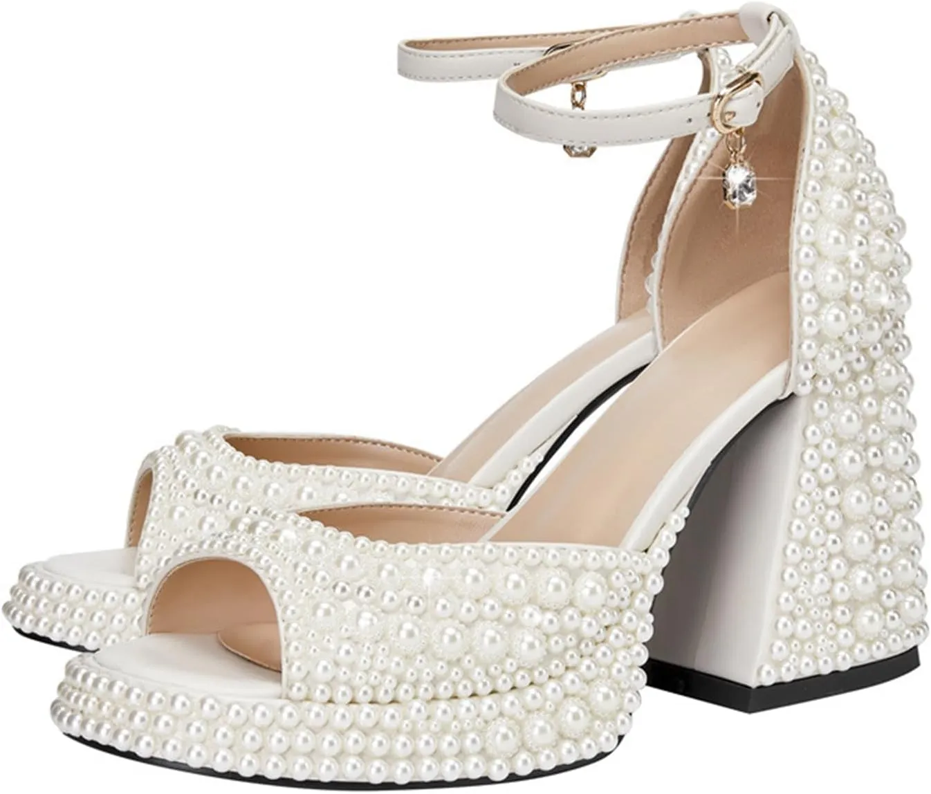 THESHY Women's Platform Sandals Pearls Open Toe Ankle Strap High Heels Rhinestone Chunky Heel Platform Heels Wedding Dress Fahsion Shoes for Women