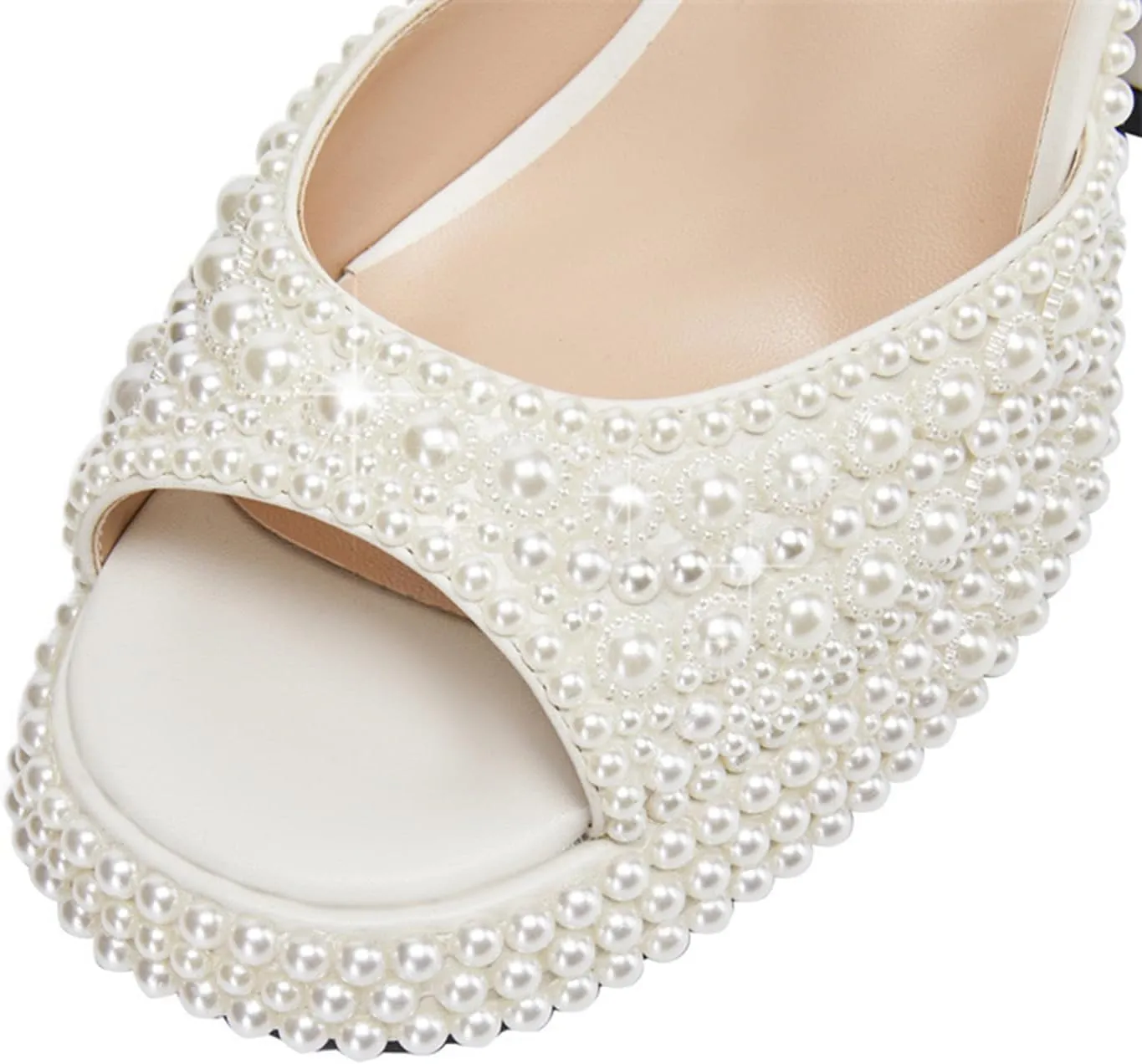 THESHY Women's Platform Sandals Pearls Open Toe Ankle Strap High Heels Rhinestone Chunky Heel Platform Heels Wedding Dress Fahsion Shoes for Women