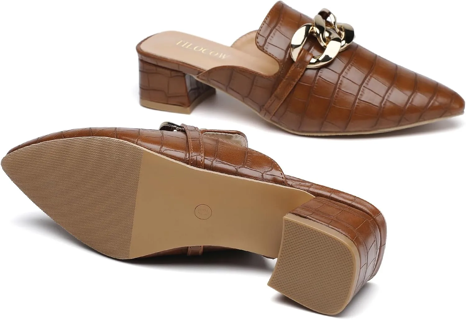 Tilocow Metal Chain Decor Mules Heels for Women Chunky Heeled Sandals Slip on Closed Toe Slides for Women Backless Mules