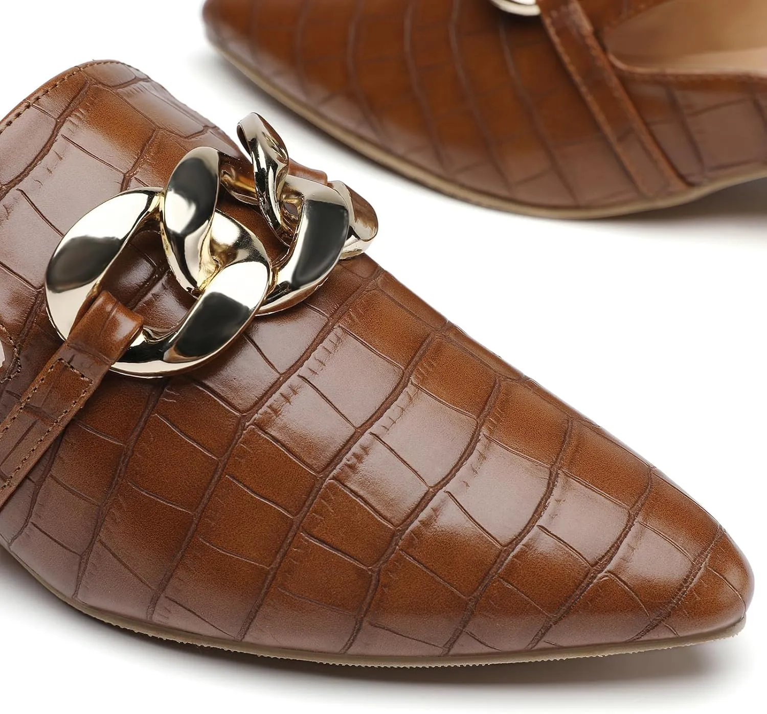 Tilocow Metal Chain Decor Mules Heels for Women Chunky Heeled Sandals Slip on Closed Toe Slides for Women Backless Mules