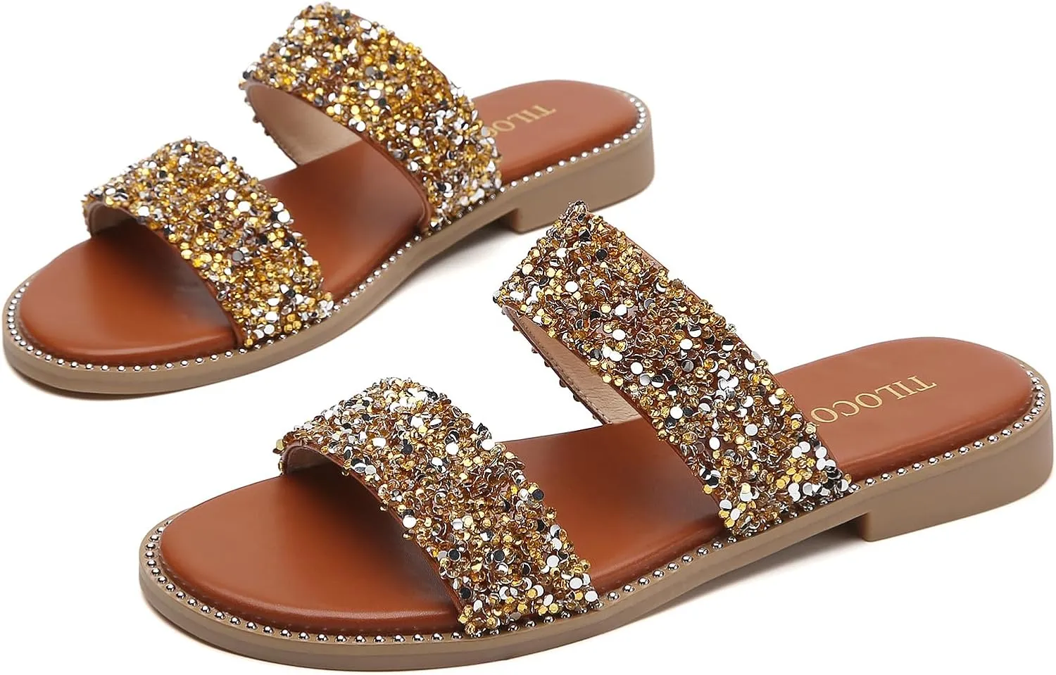 Tilocow Women's Flat Sandals with Rivets Inlaid Slip on Sandals Two Strap Casual Summer Slide Shoes