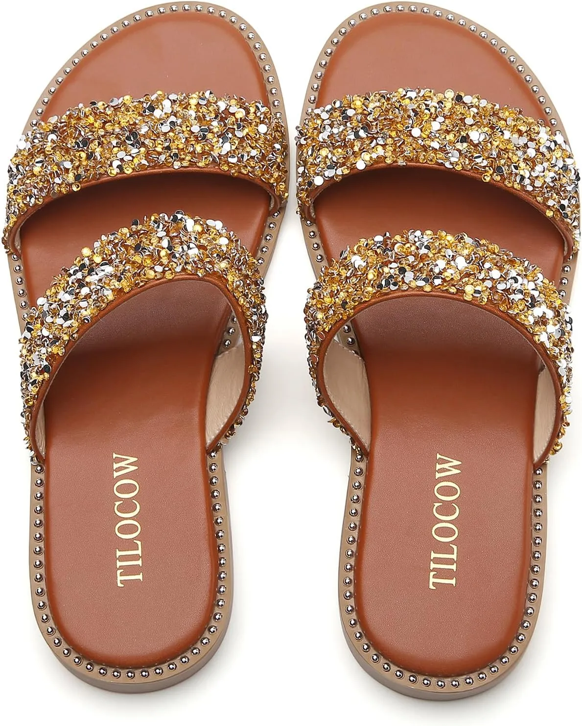 Tilocow Women's Flat Sandals with Rivets Inlaid Slip on Sandals Two Strap Casual Summer Slide Shoes